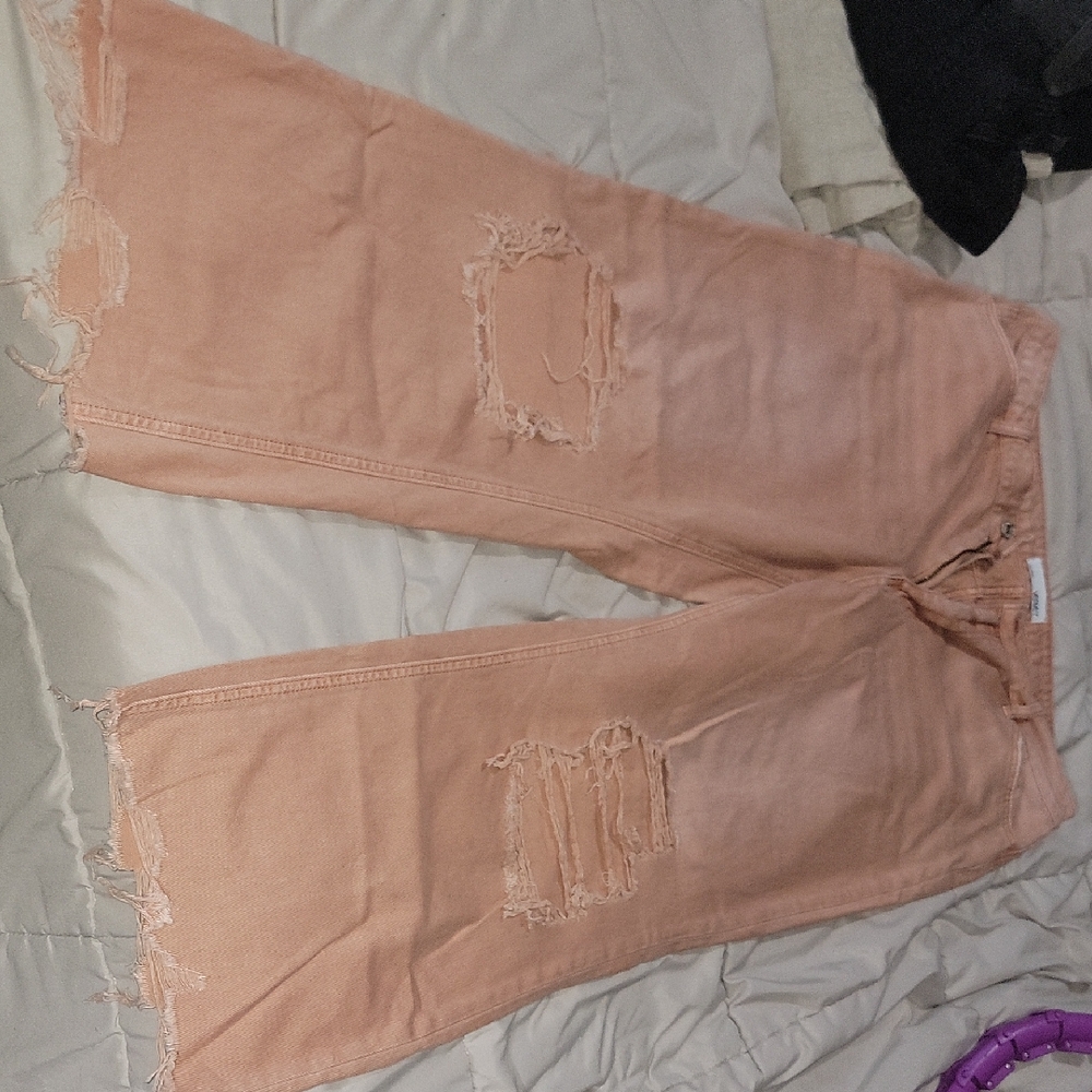 Peach Distressed Wide Leg Jeans